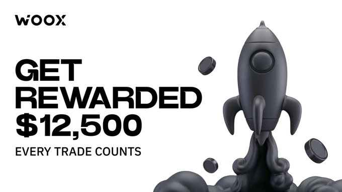 The image features a black rocket flying above another black rocket with a bunch of small circles below them. The text displayed around these rocket images states "Get rewarded $12,500 for every trade counts" or something similar indicating that this post promotes Woox trading to maximize reward potential based on trade volume.