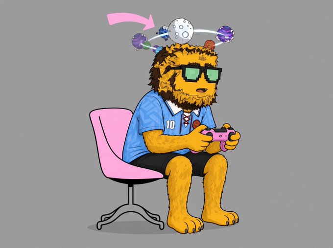 A cartoon illustration of a furry yellow creature wearing sunglasses and a blue jersey, sitting on a pink chair and holding a pink game controller, with a small moon and planets circling its head.