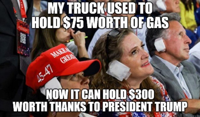 A group of people, including a man and woman wearing red hats, are seated in front of a crowd at a political rally with a text overlay about gas prices.