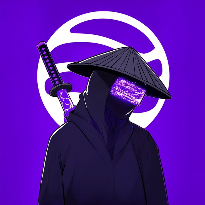 A hooded samurai figure with a glowing purple visor and katana stands against a purple background featuring the Ink blockchain logo, visually representing the whitelist reward opportunity for early holders of the first NFT collections and memecoin on Ink Onchain.