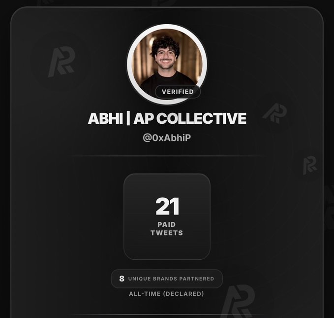 A profile card for 'ABHI | AP COLLECTIVE' (@0xAbhiP) showing a verified badge, 21 paid tweets, and 8 unique brands partnered.