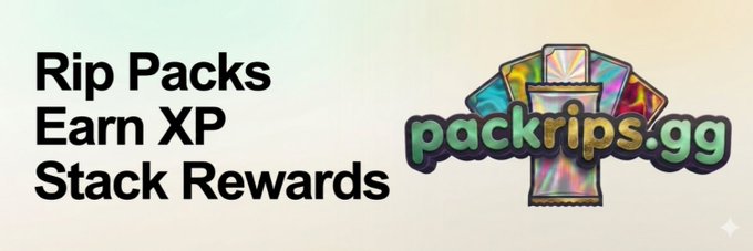A promotional banner for Packrips.gg featuring the tagline "Rip Packs, Earn XP, Stack Rewards" alongside the platform's logo with colorful digital trading card pack imagery. The image visually reinforces the post about the $RIPS token on Solana, highlighting the platform's pack-ripping rewards system.