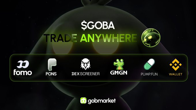 Promotional graphic for the $GOBA token featuring the tagline "TRADE ANYWHERE" alongside logos of partner platforms including fomo, PONS, DEXSCREENER, GMGN, PUMP.FUN, and WALLET, with the GobMarket branding at the bottom and a character illustration in the background.