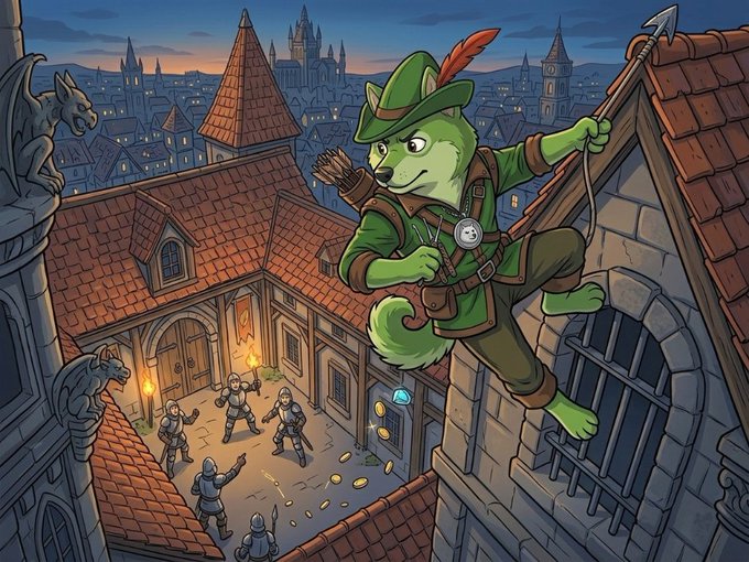 A cartoon illustration of a green anthropomorphic fox dressed as Robin Hood, holding a bow on a rooftop while guards patrol the street below in a medieval town.