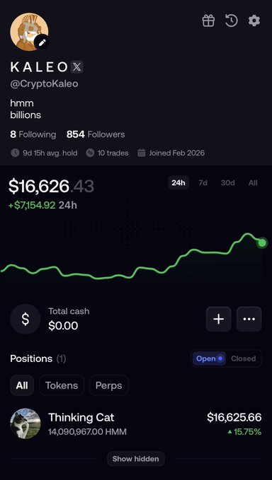 A crypto portfolio tracking app shows the user KALEO (@CryptoKaleo) with $16,626.43 in holdings, featuring a single open position in 'Thinking Cat' with 14,090,967 HMM valued at $16,625.66.