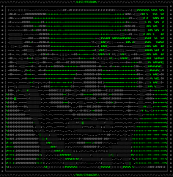 An abstract, digital glitch-art style image featuring horizontal bands of static-like patterns in green, gray, and black.