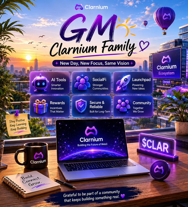 The image features a laptop computer sitting on top of a wooden desk with various objects around it such as a cup, a notebook, and a plant. The background shows an urban cityscape at sunset, creating a serene atmosphere. The main focus is on the laptop screen displaying information about GM Clarnium Family, which includes details about their ecosystem, tools, and services for users to explore.