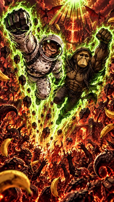 Dynamic comic book-style artwork showing two muscular figures—one in a space suit and one in gorilla-themed attire—flying upward with green energy emanating from them amid fiery destruction.