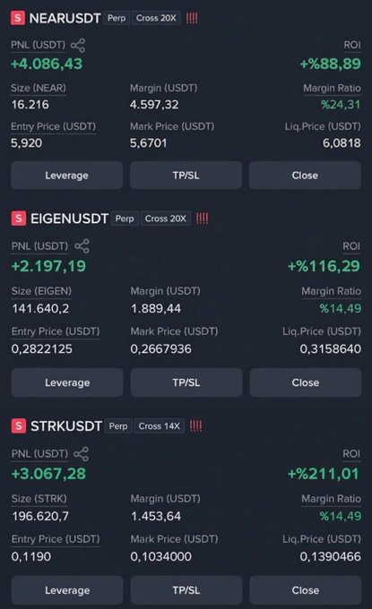 Cryptocurrency trading screenshots showing positions for NEAR/USDT (+88.89% ROI), EIGEN/USDT (+116.29% ROI), and STRK/USDT (+211.01% ROI) on a Perpetual Cross margin platform.