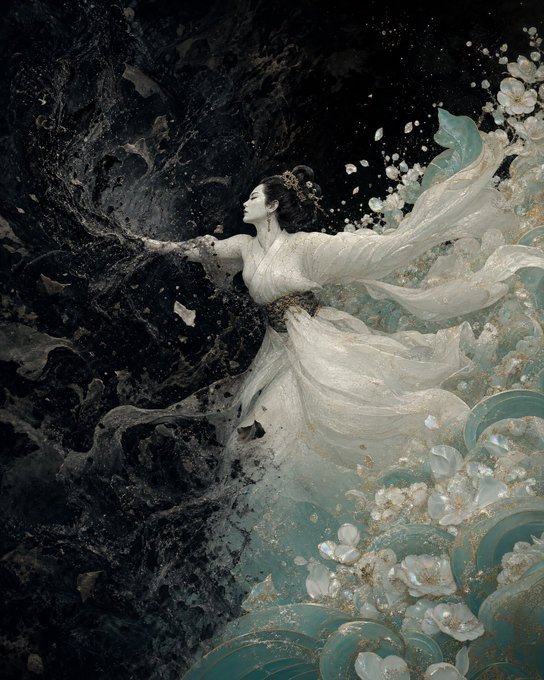 An ethereal digital painting of a woman in flowing white robes surrounded by white flowers and teal waves against a dark, marbled background.