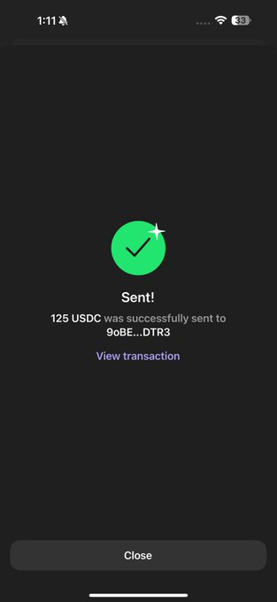 A mobile screenshot confirms a successful transfer of 125 USDC to wallet address 9oBE...DTR3. The post celebrates sending $125 (treating USDC as equivalent to SOL) to an active follower, encouraging engagement requirements like following @TwinTulips and joining their Telegram group.
