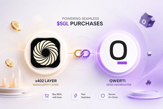 A promotional graphic announcing the integration between x402 Layer (The Singularity Layer) and Qwerti (DeFAI Aggregator), featuring their logos connected by a chain link icon under the headline "POWERING SEAMLESS $SGL PURCHASES." The design highlights three key benefits—Buy $SGL with Ease, Fast & Seamless, and Secure On-Chain transactions—visualized with floating coins and purple cube graphics, reinforcing the post's message about enabling AI agents with real business infrastructure.