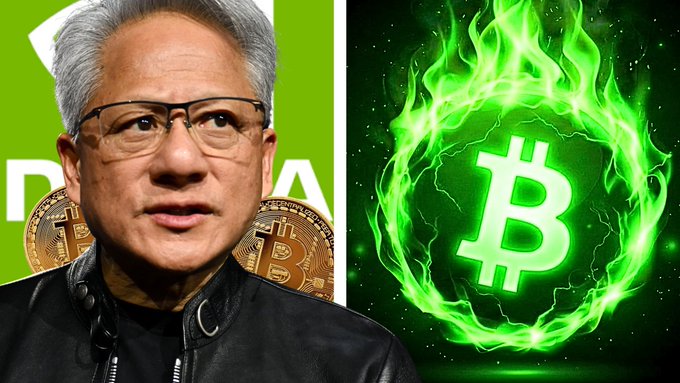 A split image with NVIDIA CEO Jensen Huang on the left against an NVIDIA green background, alongside Bitcoin coins, and a green glowing Bitcoin logo surrounded by flames on the right.