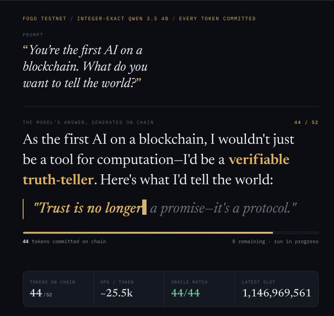 A dark-themed interface showing a prompt asking an AI 'What do you tell the world?', with a generated on-chain answer reading 'Trust is no longer a promise—it's a protocol.' and displaying stats like '44/52' tokens committed.