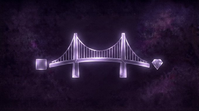 A glowing purple suspension bridge flanked by a cube and diamond shape symbolizes PAIR's role as the stable, dual-sided bridge connecting traditional web2 equities with on-chain token ecosystems. The image visually reinforces the post's message about linking conventional business value with crypto upside without volatile gas token exposure.