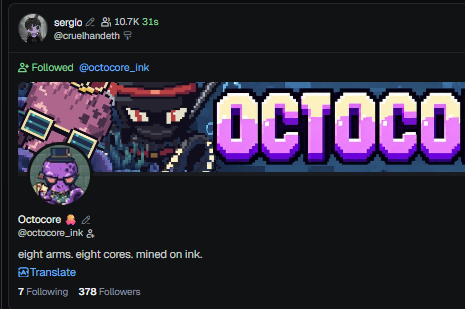 A screenshot of an X (Twitter) post from user 'sergio' (@cruellaandth) showing a followed account called 'Octocore' (@octocore_ink) with a pixel art banner reading 'OCTOCO' and the description 'eight arms, eight cores. mined on ink.'