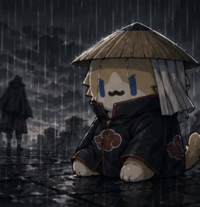 An anime-style illustration of a small dog character wearing a straw hat and a black Akatsuki cloak with red clouds, standing in the rain with a cloaked figure in the background.