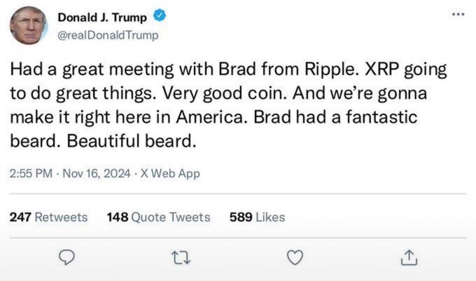 A screenshot of a tweet from Donald J. Trump (@realDonaldTrump) dated Nov 16, 2024, reading: 'Had a great meeting with Brad from Ripple. XRP going to do great things. Very good coin. And we're gonna make it right here in America. Brad had a fantastic beard. Beautiful beard.'