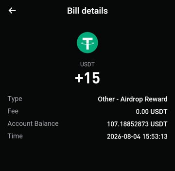 A mobile app bill details screen showing a USDT airdrop reward of +15, with an account balance of 107.18852873 USDT and a timestamp of 2026-08-04 15:53:13.