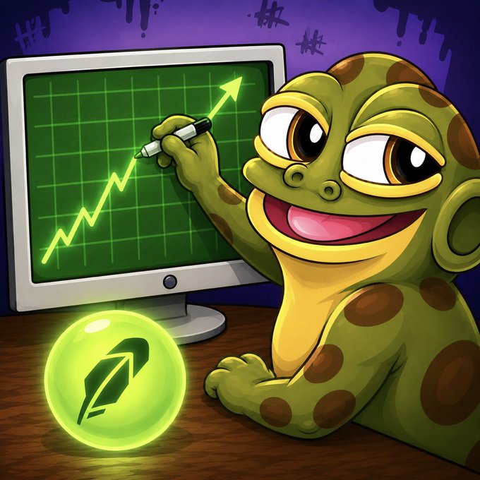 A cartoon Pepe the Frog character holds a marker, drawing an upward trending arrow on a green chart next to a glowing quill icon.