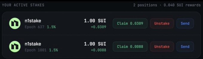 A Sui wallet staking interface showing two active n1stake positions of 1.00 SUI each at Epoch 637 and 1001 with 1.5% rewards, displaying 2 positions with 0.040 SUI rewards.