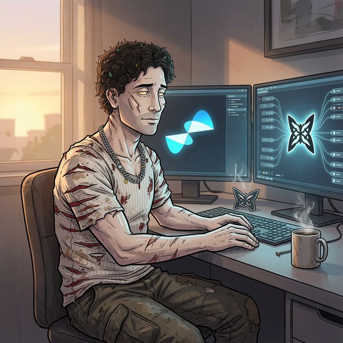 An illustrated character with glowing yellow eyes and curly hair works at a dual-monitor computer setup displaying butterfly logos and code, with a steaming coffee mug on the desk.