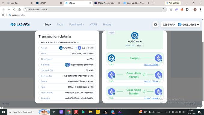 A screenshot of the Wanchain blockchain explorer xFlows shows a transaction converting 1.790 WAN to 0.0416 ETH, with transaction details including network fee and service fee displayed.