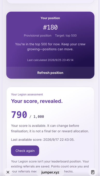 A mobile screenshot from jumper.xyz showing a Legion position of #180 (top 500 target) and a Legion score of 790/1,000.