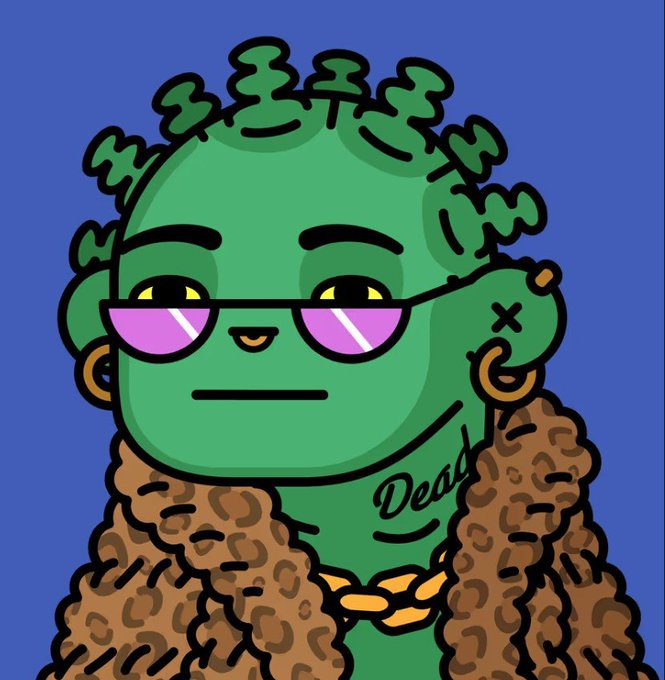 An illustration of a green cartoon character with spiky hair, purple sunglasses, gold earrings and chain, wearing a brown fur coat, with 'Dead' tattooed on its chest.