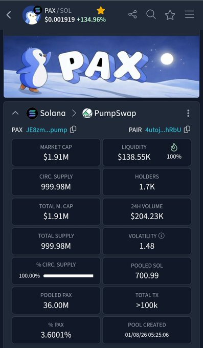 A mobile screenshot of a cryptocurrency tracking app displaying token details for 'PAX / SOL' showing a price of $0.001919 (+134.96%), a market cap of $1.91M, liquidity of $138.55K, and a circulating supply of 999.98M on the Solana > PumpSwap network.