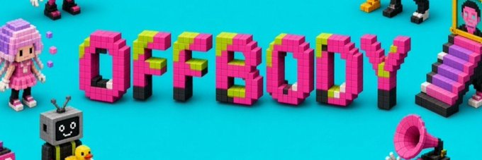 The pixelated pink and green logo for 'OFFBOY' is displayed on a turquoise background, surrounded by small voxel-style character figures and a megaphone.