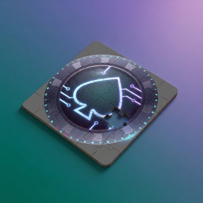 A 3D render of a digital puzzle tile featuring a glowing neon blue outline of an elephant head breaking through a circular circuit board design, set against a teal and purple gradient background.