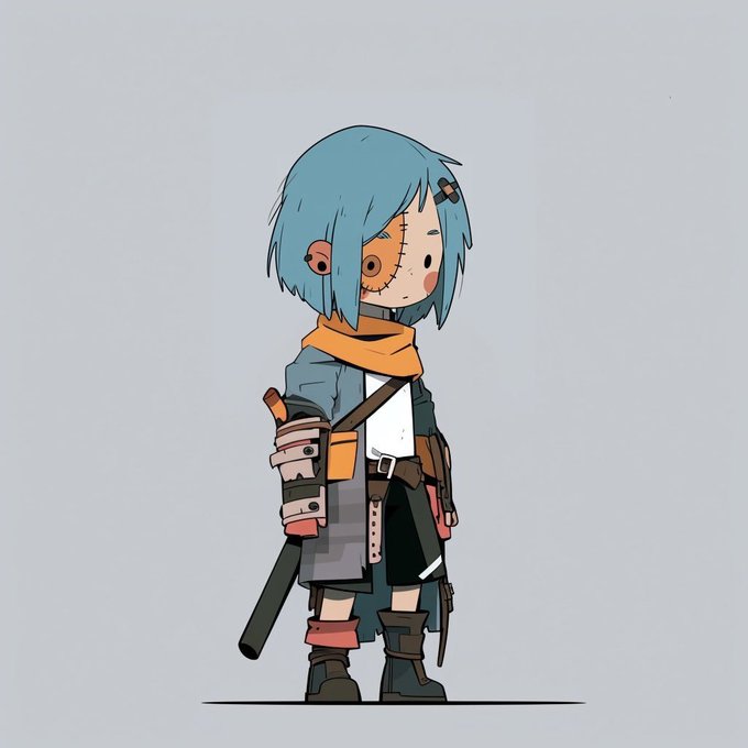 An illustration of a character with blue hair, an orange scarf, and a half-orange face patch, wearing a blue jacket and holding a sword.