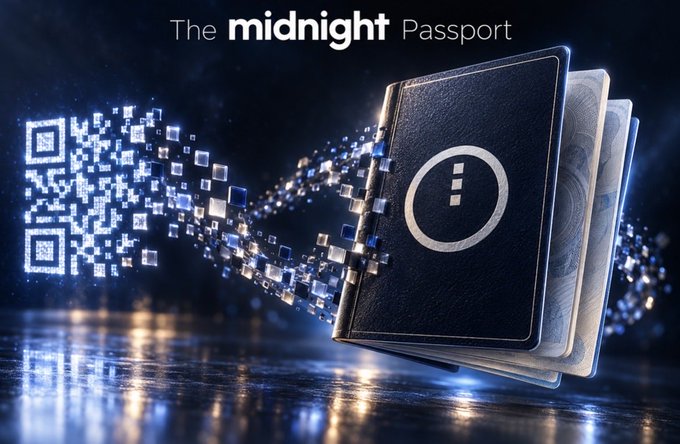 The image features the text "The midnight Passport" above a dark blue passport-like wallet with an information "i" icon on its cover, alongside a digital QR code disintegrating into glowing cubes—visually representing the seamless, tech-driven onboarding experience described in the post. The futuristic, privacy-focused aesthetic ties directly to the Midnight ecosystem's branding around identity and decentralized access.