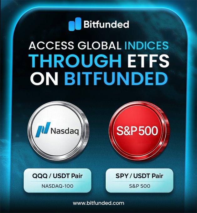 A promotional graphic from Bitfunded announces access to global indices through ETFs, featuring silver and red medallions for the Nasdaq and S&P 500, with labels highlighting the QQQ/USDT (NASDAQ-100) and SPY/USDT (S&P 500) trading pairs available at www.bitfunded.com.