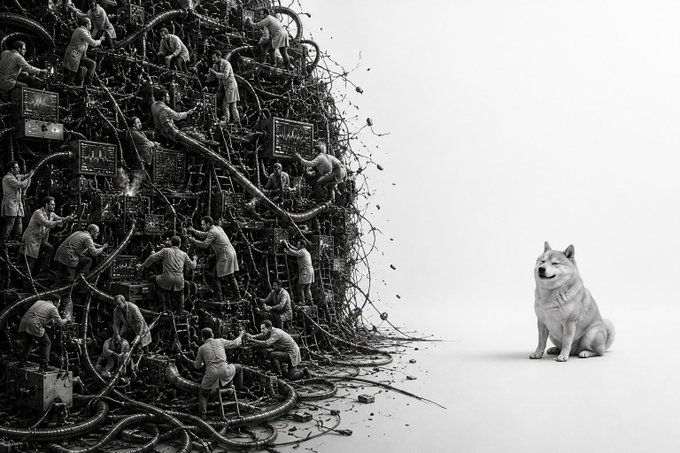 A black-and-white surreal illustration shows numerous people working on a massive, tangled structure of wires, gears, and machinery on the left, while a calm white dog sits peacefully on the right against a blank background.