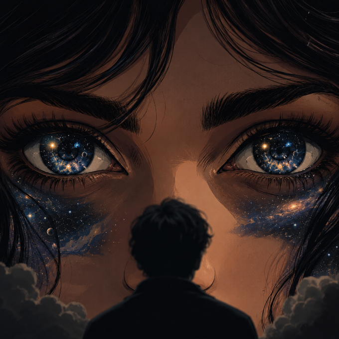 A surreal artwork featuring an extreme close-up of a woman's face with galaxy-filled eyes, while a silhouetted figure stands in the foreground looking up at her.