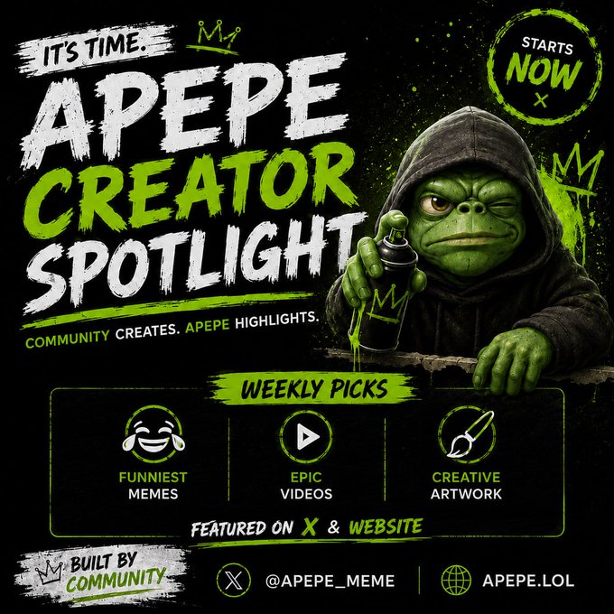 A green-skinned alien character, wearing a black hoodie and holding a spray paint can, is featured on the "It's Time." section of an advertisement for "Apepe Creator Spotlight".