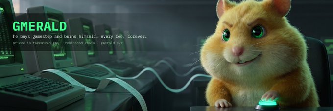 A fluffy orange cartoon cat with bright green eyes sits at a vintage computer terminal, with the text "$GMERALD" displayed in bold green letters alongside the tagline "he buys gamestop and burns himself. every fee. forever." and the website "gmerald.xyz." The image visually represents the meme token's theme, showing the cat mascot at trading stations that evoke the Robinhood Chain's tokenized GameStop stock ecosystem mentioned in the post.