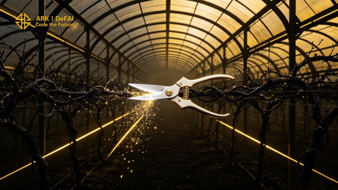 A pair of pruning shears snips through tangled, barbed branches inside a golden-lit greenhouse, symbolizing how the Arkie AI App removes obstacles to streamline creation. The logo "ARK | DeFAI — Code the Future" appears in the upper left, reinforcing the message of cutting complexity with AI Agents.