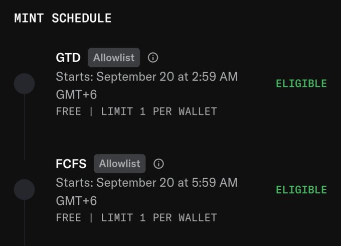A mint schedule showing GTD (Allowlist) and FCFS (Allowlist) phases, both starting September 20 with times of 2:59 AM and 5:59 AM GMT+6 respectively, marked as ELIGIBLE with a limit of 1 per wallet.