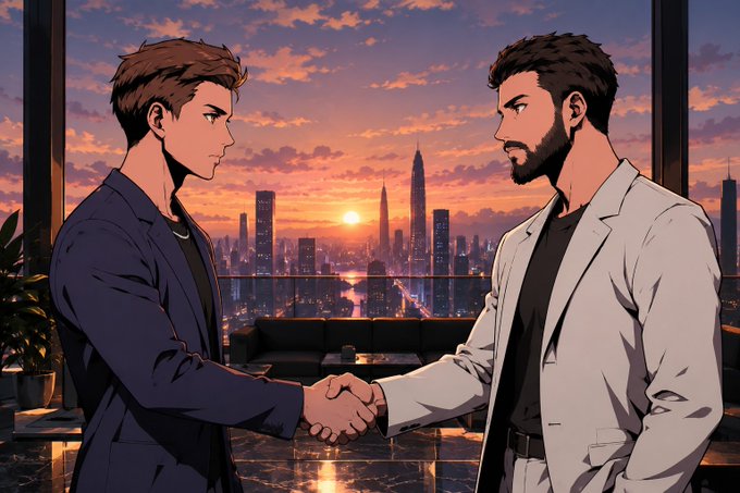 An anime-style illustration of two men in suits shaking hands in a modern room with a city skyline at sunset.