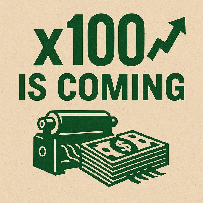 Green vintage-style graphic with the text 'X100 IS COMING' alongside illustrations of a printing press and stacks of money.