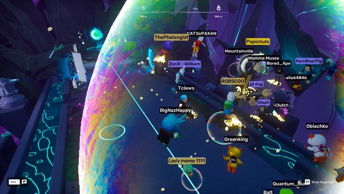 A screenshot from a Roblox game showing numerous players with usernames like 'ThePhalangist' and 'Papichulo' gathered on a colorful platform.