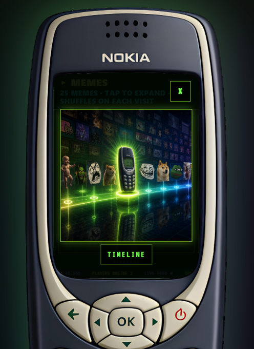 A Nokia 3310-style phone displays a meme app screen labeled 'MEMES' with '25 MEMES · TAP TO EXPAND', 'SHUFFLES ON EACH VISIT', and a 'TIMELINE' button.
