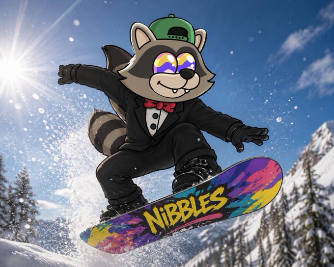 A cartoon raccoon character wearing a green cap, tuxedo, and sunglasses snowboarding on a colorful board labeled 'NiBbles' against a snowy mountain backdrop.