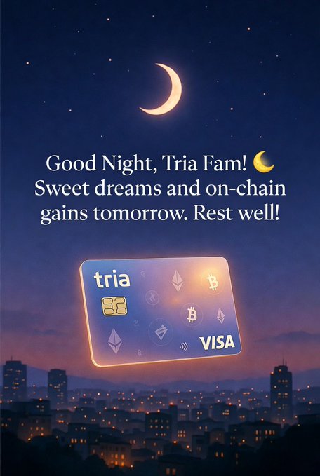 The image features a night scene with a city skyline at night, including buildings lit up by lights. The sky above has a crescent moon and stars, creating a beautiful backdrop for the cityscape below. In the center of the image, there is a credit card advertisement for Tria Visa cards. The text on the post reads "Good Night, Tria Fam! Sweet dreams and on-chain gains tomorrow. Rest well!" This message encourages viewers to enjoy their good night's sleep while also promoting the benefits of using Tria Visa cards as a means of gaining financial rewards or cashback from purchases made during the night.