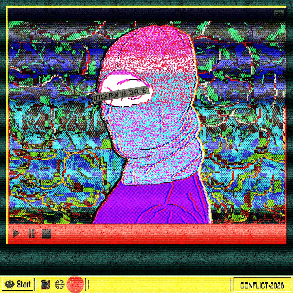 The image features a man wearing a mask, possibly a ski mask or a gas mask, with his face obscured by the mask. The background of the image is filled with various colors and patterns, creating an abstract and surreal atmosphere. The caption below the image reads "Up for auction on FractalVisions.io/auctions/aucti ... Conflict-202006caption this image". This suggests that the man's face has been used as part of a digital art piece or advertisement, possibly for an auction or promotion related to the FractalVisions website.