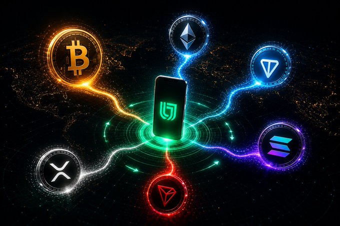 The image features a smartphone with various symbols, including Bitcoin, Etherium, Ripple, and Litecoin icons, all floating around the phone's screen. The phone appears to be in motion, as if it has taken a breath or is about to start breathing again. The background of the image is black, which contrasts with the colorful icons on the phone. The text "Bitcoin takes a breath The market does not stop. It rotates. From one network to another. From one mood to the next. From silence to sudden movement Keep your assets ready for every market mood with UnityWallet" is written in white letters at the bottom of the image, providing context about the symbols on the phone and their connection to Bitcoin.