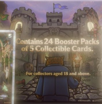 The image displays a fantasy-style booster box illustration with text reading "Contains 24 Booster Packs of 5 Collectible Cards" and "For collectors aged 18 and above," featuring an anthropomorphic character in a blue robe approaching a castle. The accompanying post speculates about a potential connection between "Fuzzy" and "Bearableguy123," suggesting the collectible card packs shown in the image may relate to their shared trading card interests or community involvement.